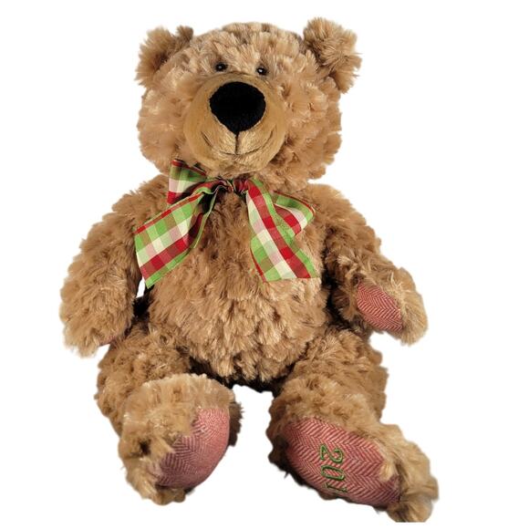 Pier 1 Imports Teddy Bear Plush 18" Beige 2018 Checkered Bow Stuffed Animal - Picture 1 of 16